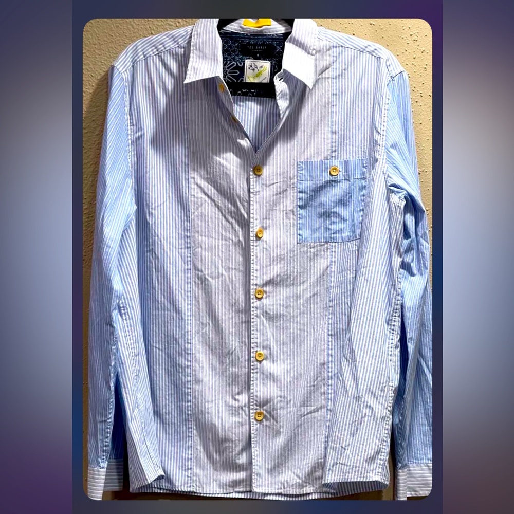 Ted Baker London Organic Cotton Men's Blue Pinstripe Long Sleeve Shirt; US XL